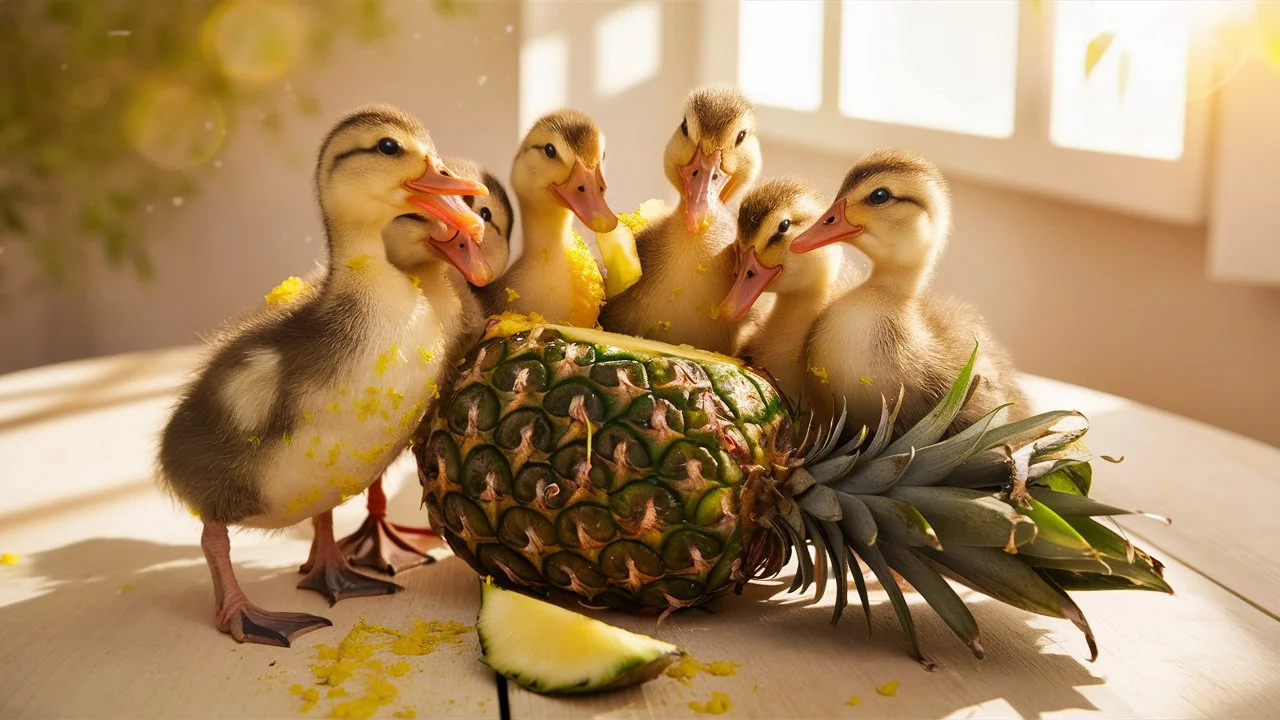 Baby Ducklings Eat Pineapple