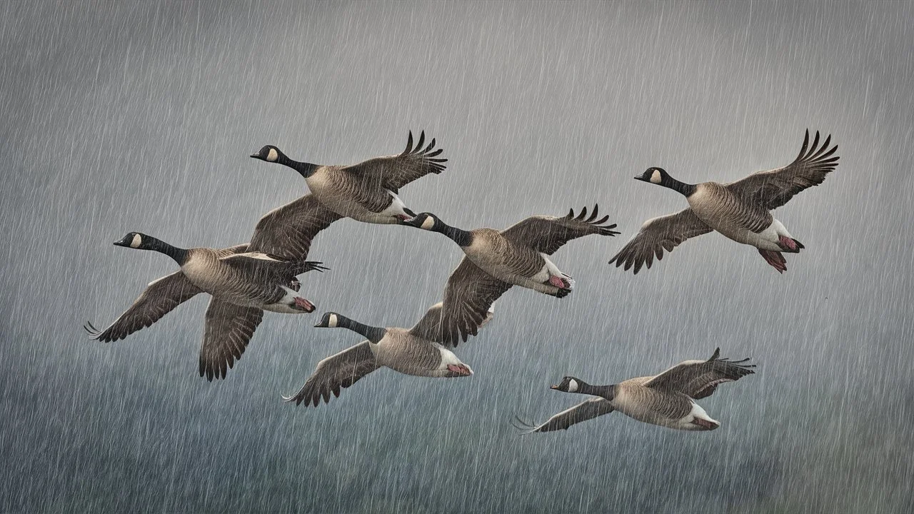 Geese Fly in the Rain