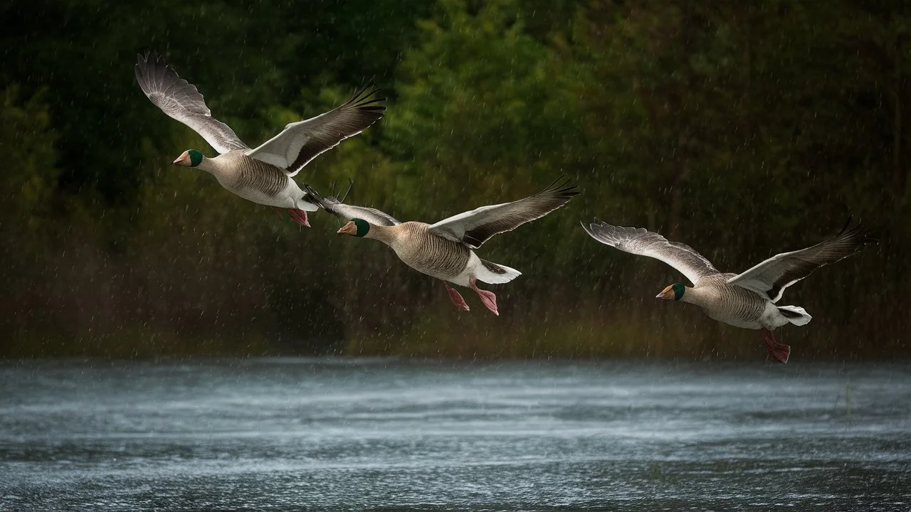 Geese Fly in the Rain